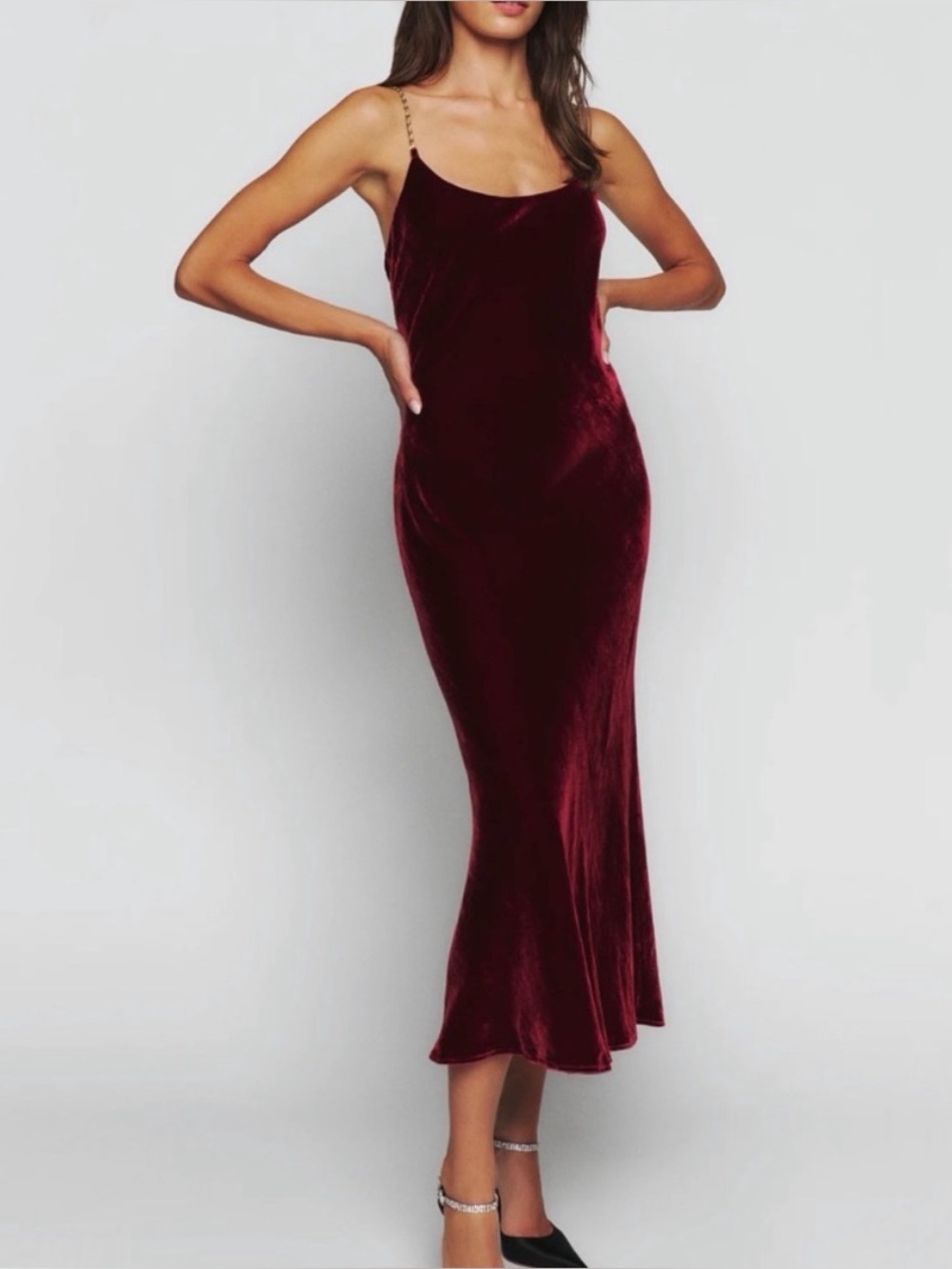 Reformation Ady Burgundy Velvet Chain StrapHoliday Midi Dress Size Large
